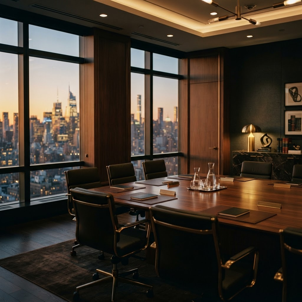 Boardroom of Mercer & Beekman LLP overlooking the city at golden hour